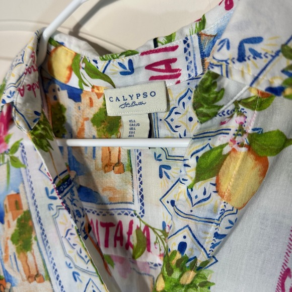 Calypso St Barth Cotton Italy Print Button Down Shirt Womens L Tropical Resort - Picture 2 of 4